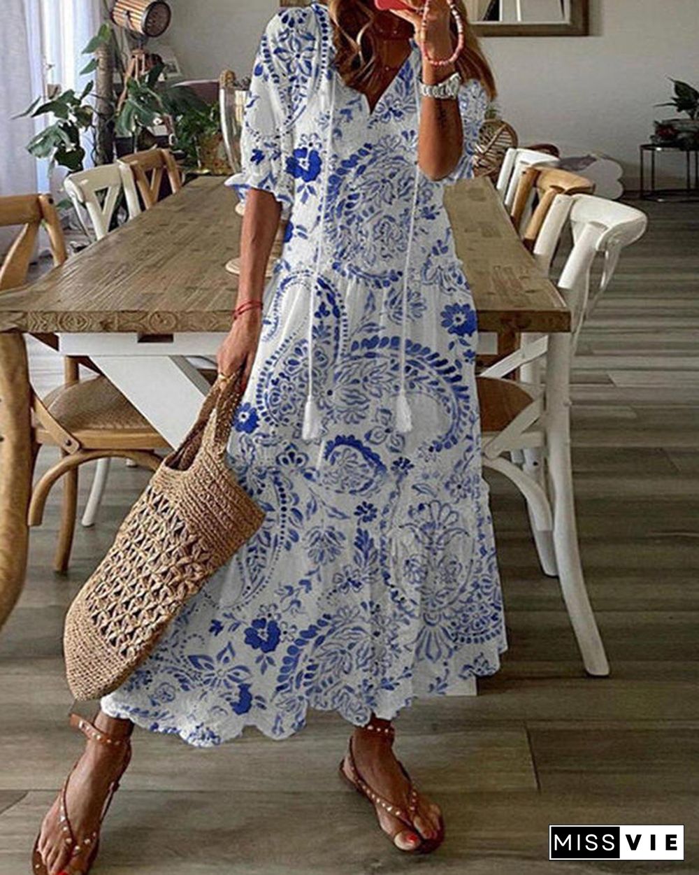 Bohemian V-Neck Print Drawstring Short Sleeve Midi Dress