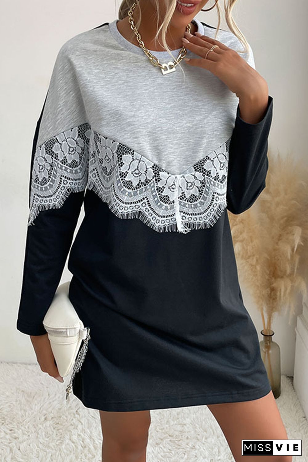 Street Patchwork Lace Contrast O Neck Dresses