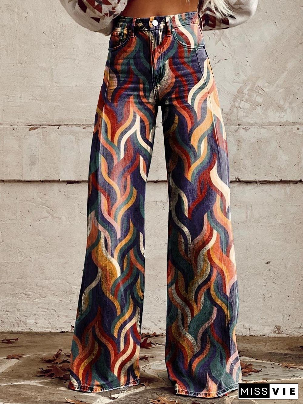 Women's Color Geometric Texture Print Casual Wide Leg Pants