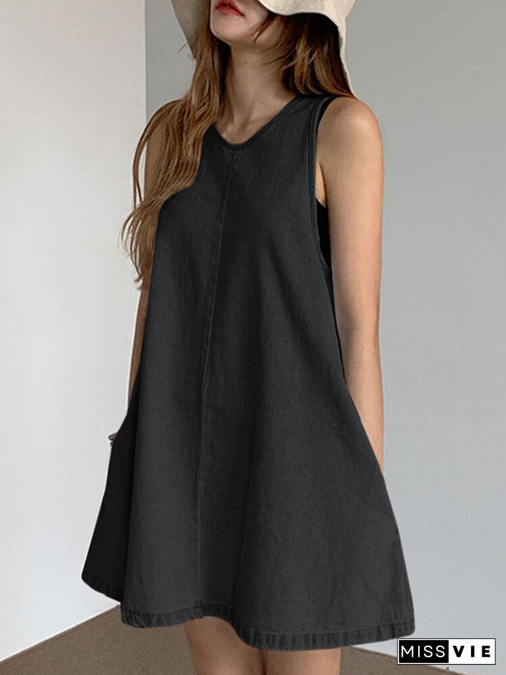 Solid A-line Pocket Sleeveless Crew Neck Denim Casual Dress