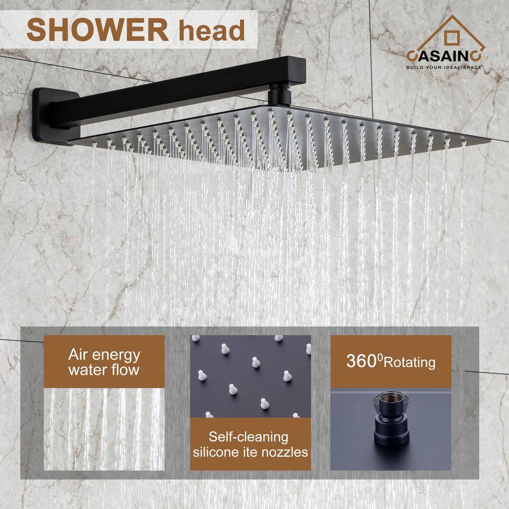 CASAINC 1-Handle 3-Spray Pattern 12 in. Wall Mount Shower Set Shower Head Tub and Shower Faucet Matte Black (Valve Included) WF-W98103H-12