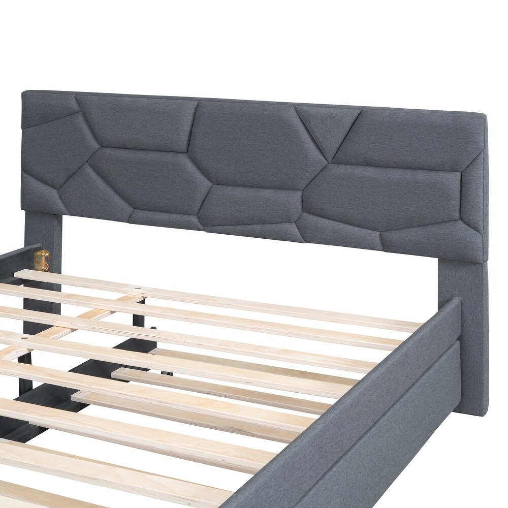 Queen Size Upholstered Platform Bed with Linen Fabric Brick Pattern Headboard and Twin XL Size Trundle Bed Frame