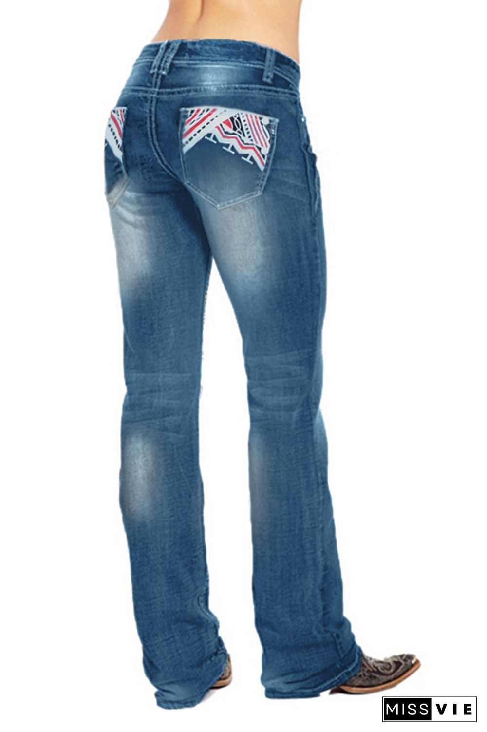 Cowboy Print Straight Wash Jeans Pants