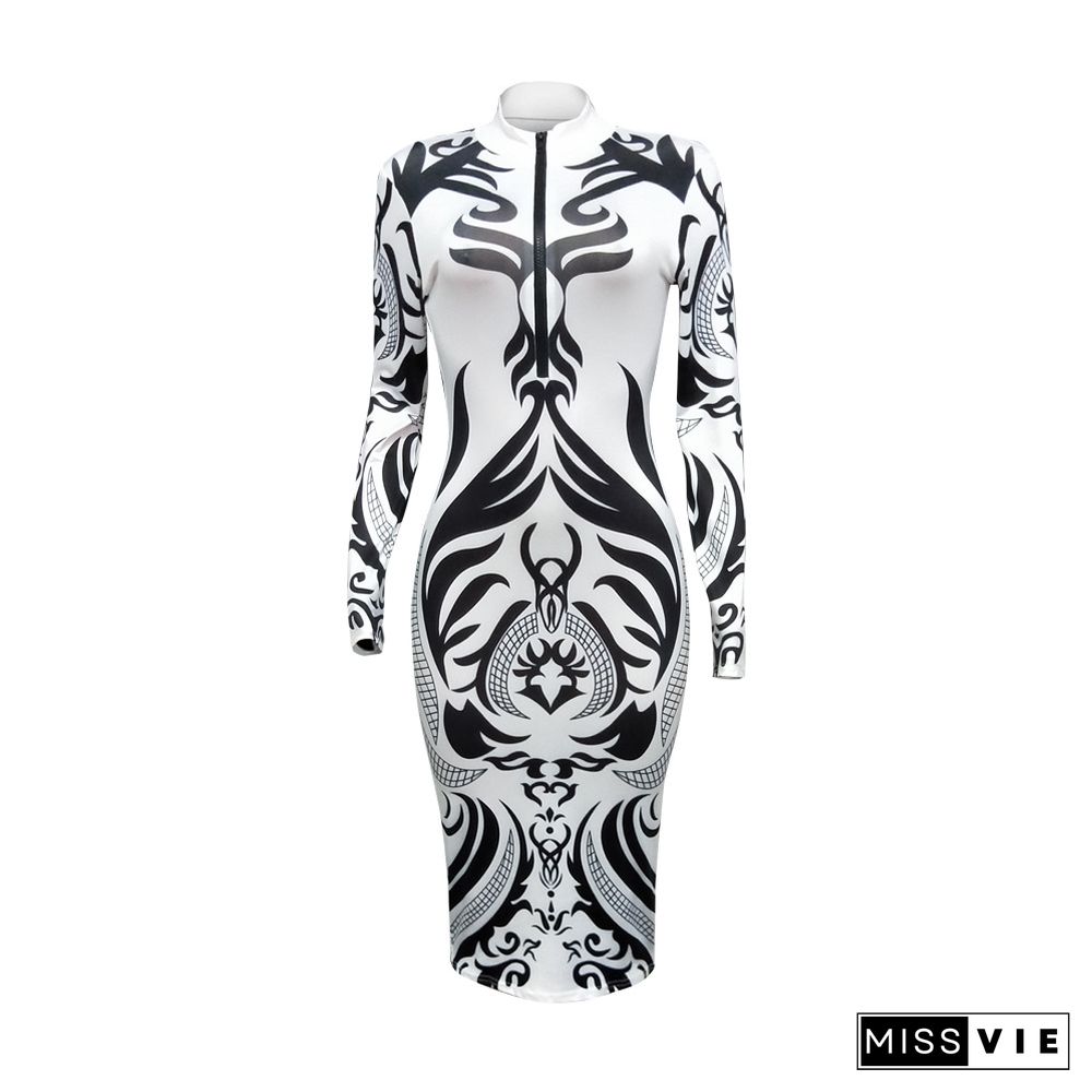 Women Print Long Sleeve Bodycon Party Midi Dress