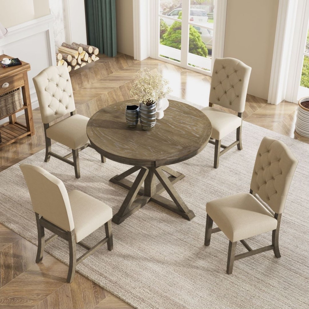 Retro Style Dining Table Set with Extendable Table and 4 Upholstered Chairs