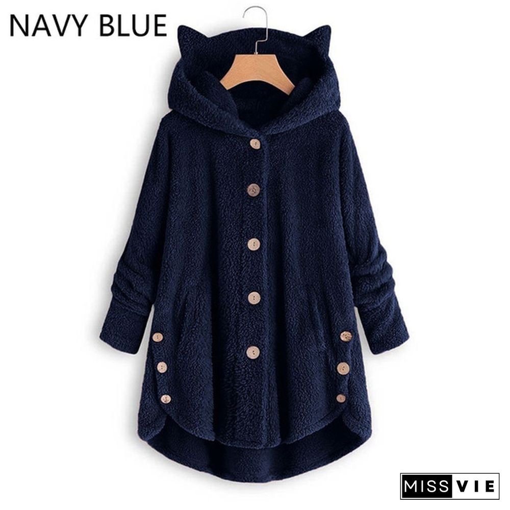 12 Colors Fashion Women Autumn Winter Soft Furry Fleece Hooded Casual Loose Long Coat Jacket Cute Cat Ears Ladies Plush Hoodies Casual Loose Warm Jacket Plus Size S-5Xl