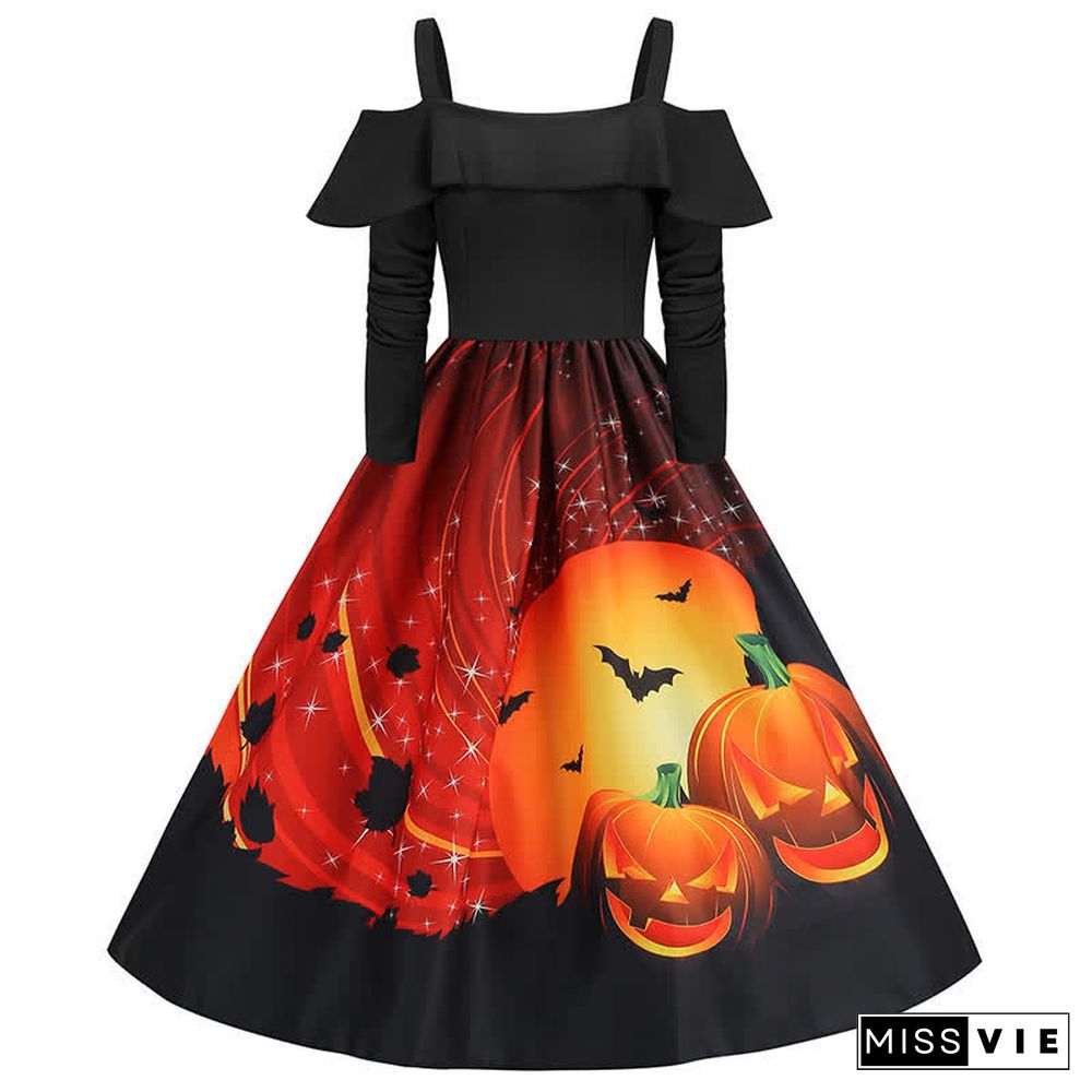 Halloween Printed Off The Shoulder Long Sleeve Dress