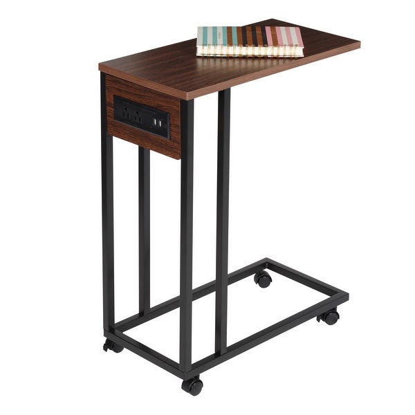 Walnut/Black C-Shape Rolling Side Table with Outlets