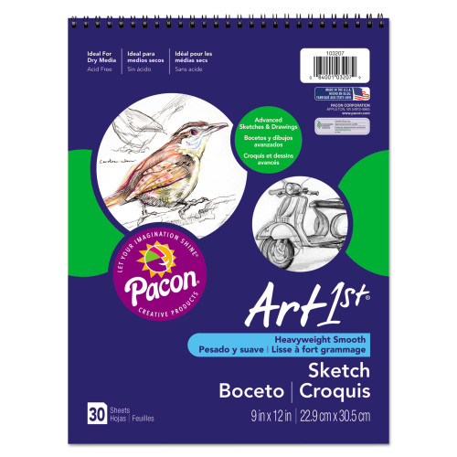 Pacon Art1st Artist's Sketch Book， 80 lb， 9 x 12， White， 30 Sheets (103207)