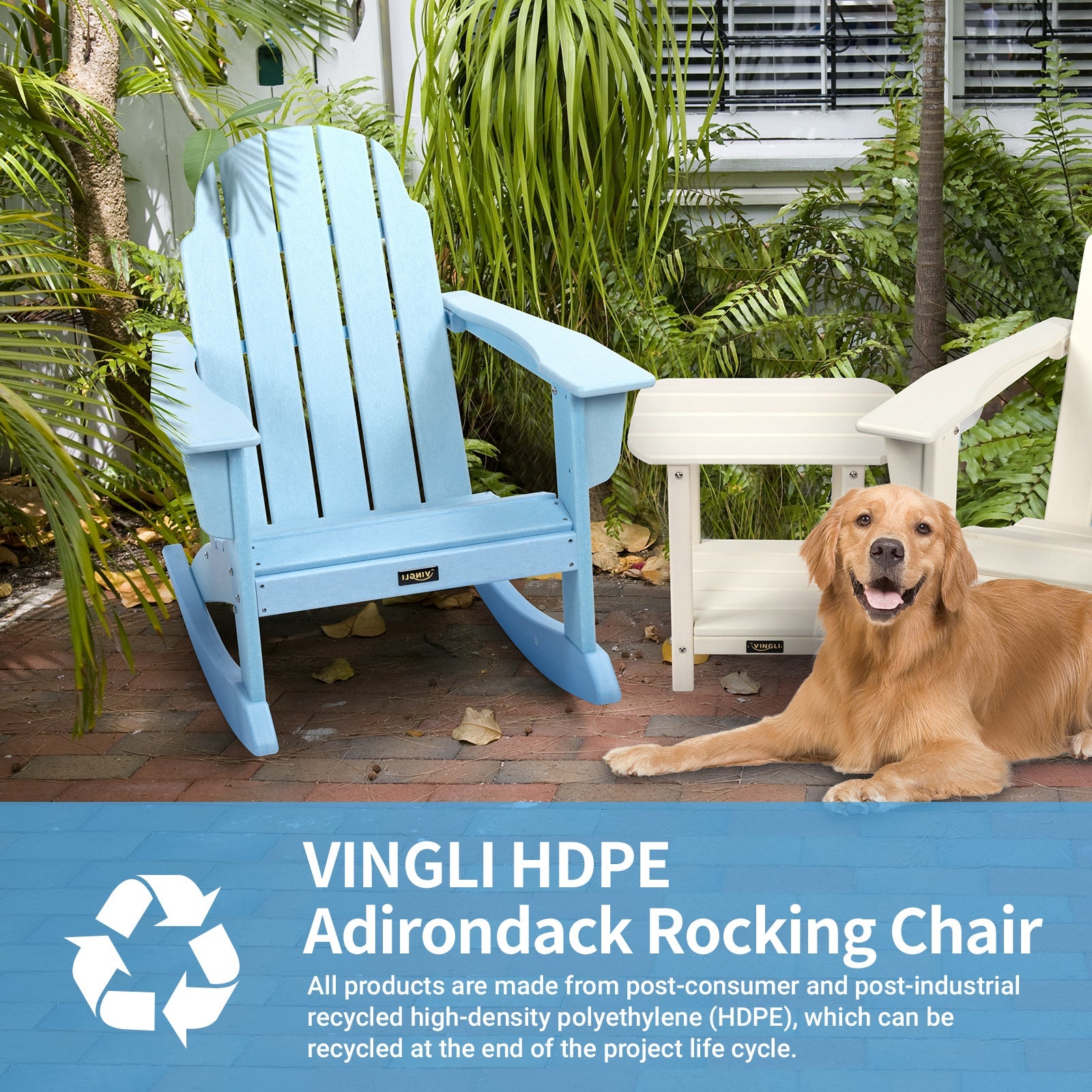 VINGLI Outdoor Rocking Chair, Plastic Adirondack Chair HDPE, 100% Recyclable Waterproof, for Pool Patio Lawn, Blue