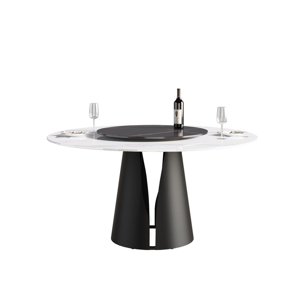 Modern Round Slate Kitchen Dining Table  Black Pedesta and Turntable    59.05 inch   N/A