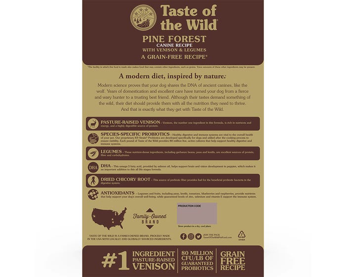 Taste of the Wild Grain Free Pine Forest Canine Recipe with Venison  Legumes， 28 lb. Bag