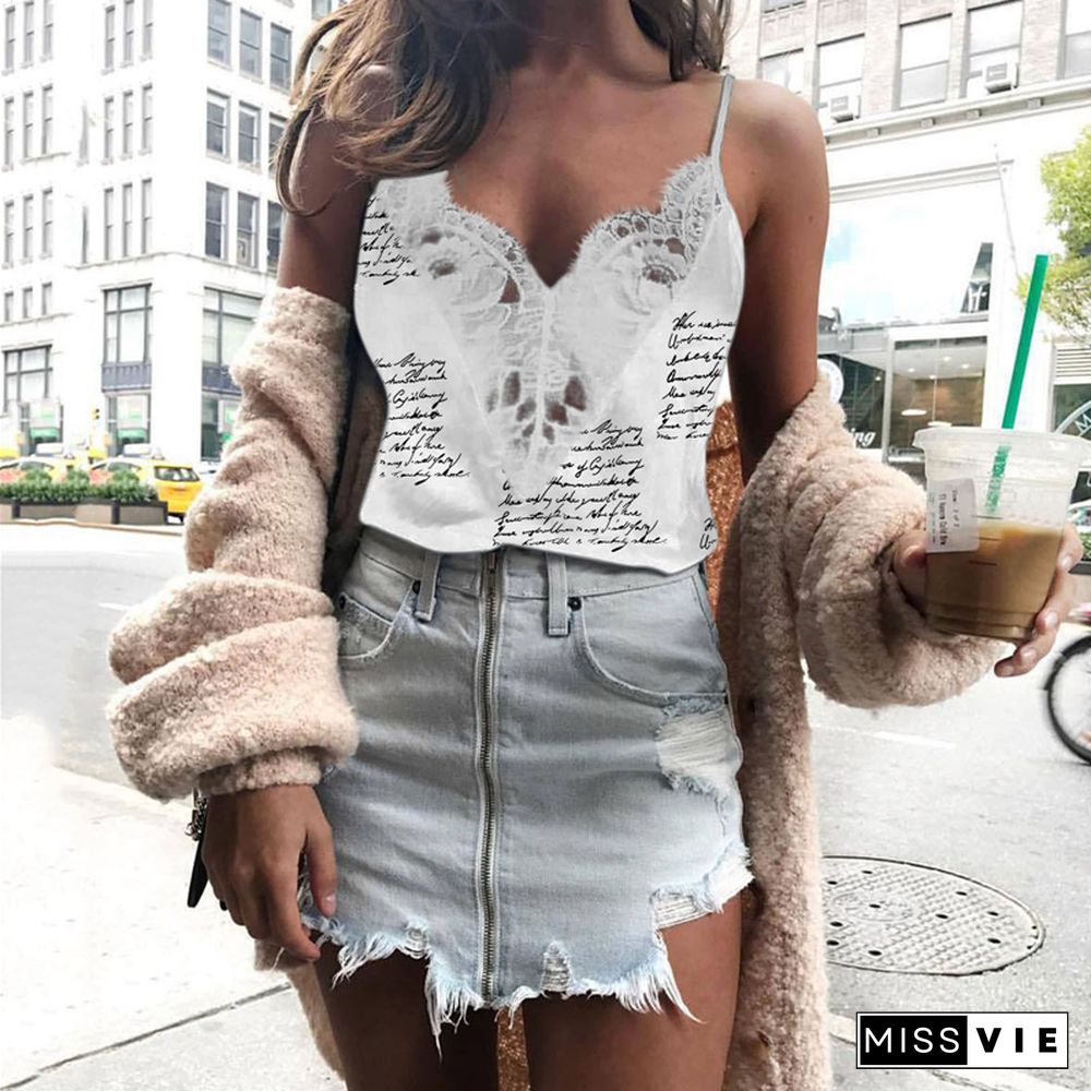 Summer Office Ladies Lace Camisole Letter Print Club Night Tops For Women Sleeveless Vest Female Tanks Streetwear