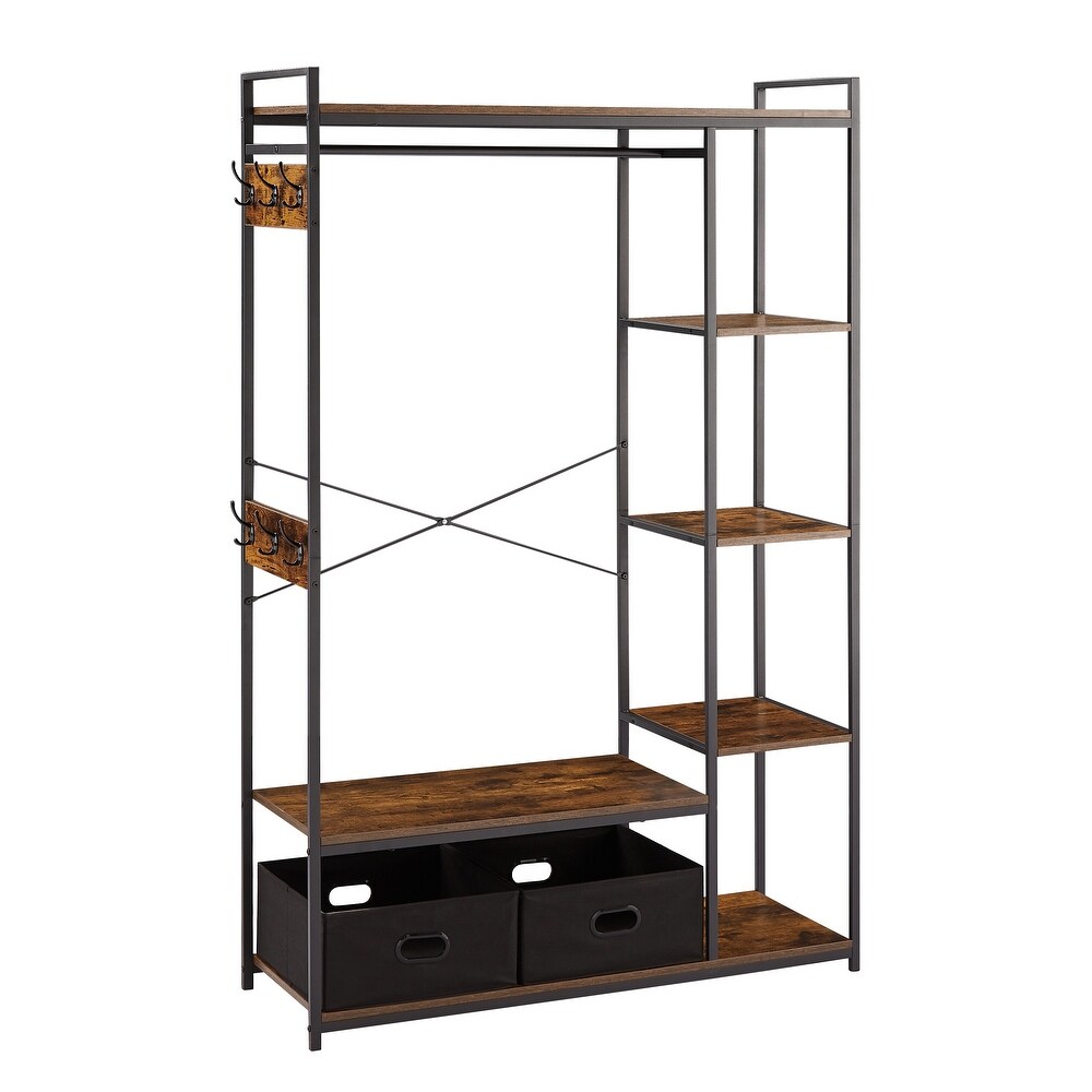 Free Standing Closet Organizer  Portable Garment Rack with Open Shelves and Hanging Rod  Black Metal Frame