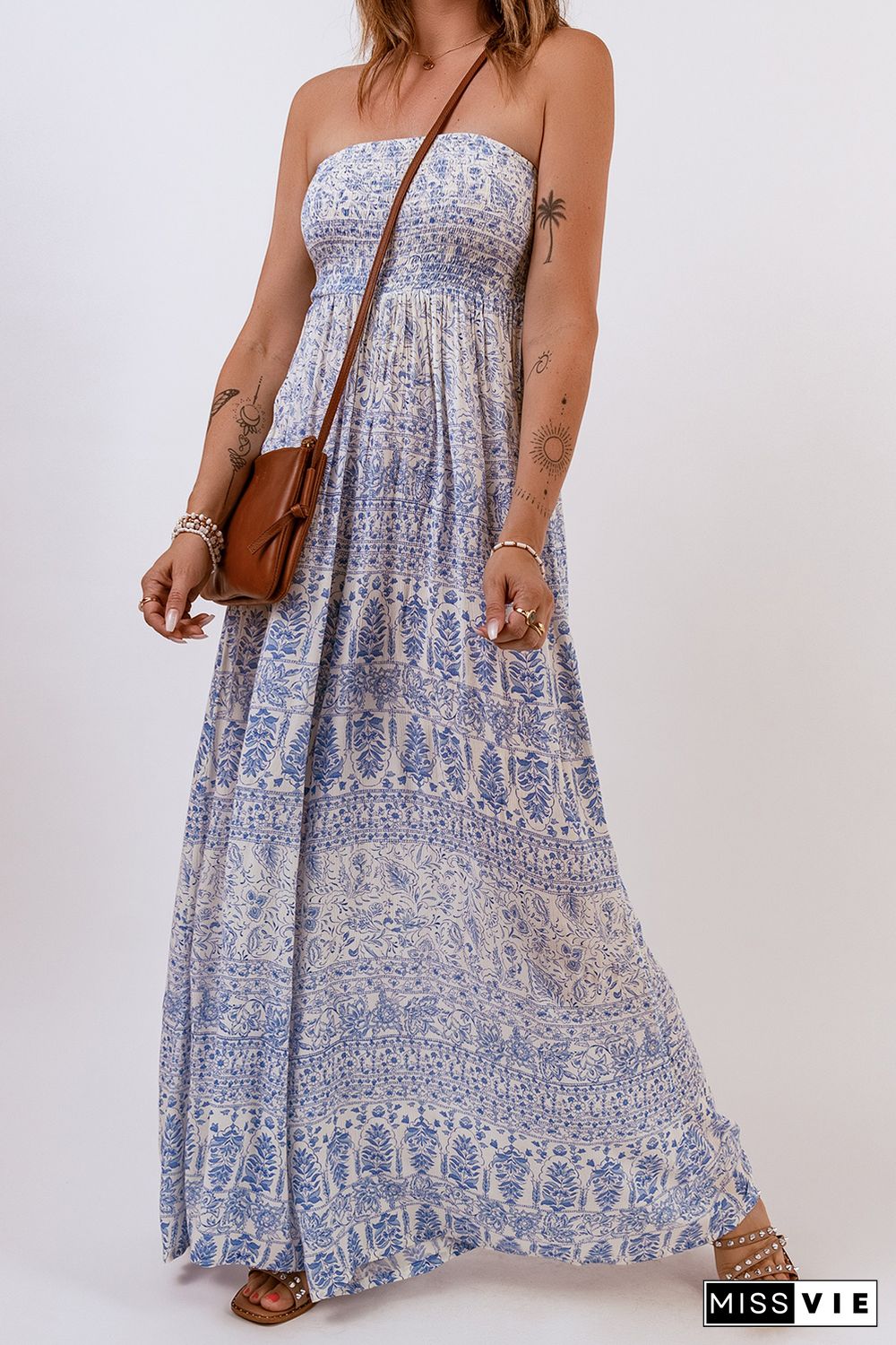 Blue Tube Smocked Floral Maxi Dress