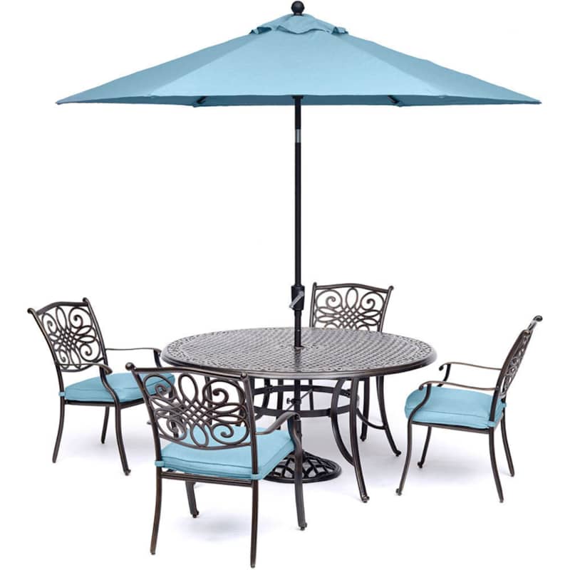 Hanover Traditions 5-Piece Outdoor Dining Set In Blue/Bronze With 4 Dining Chairs， 32 x 38 Cast-Top Table With Umbrella and Stand