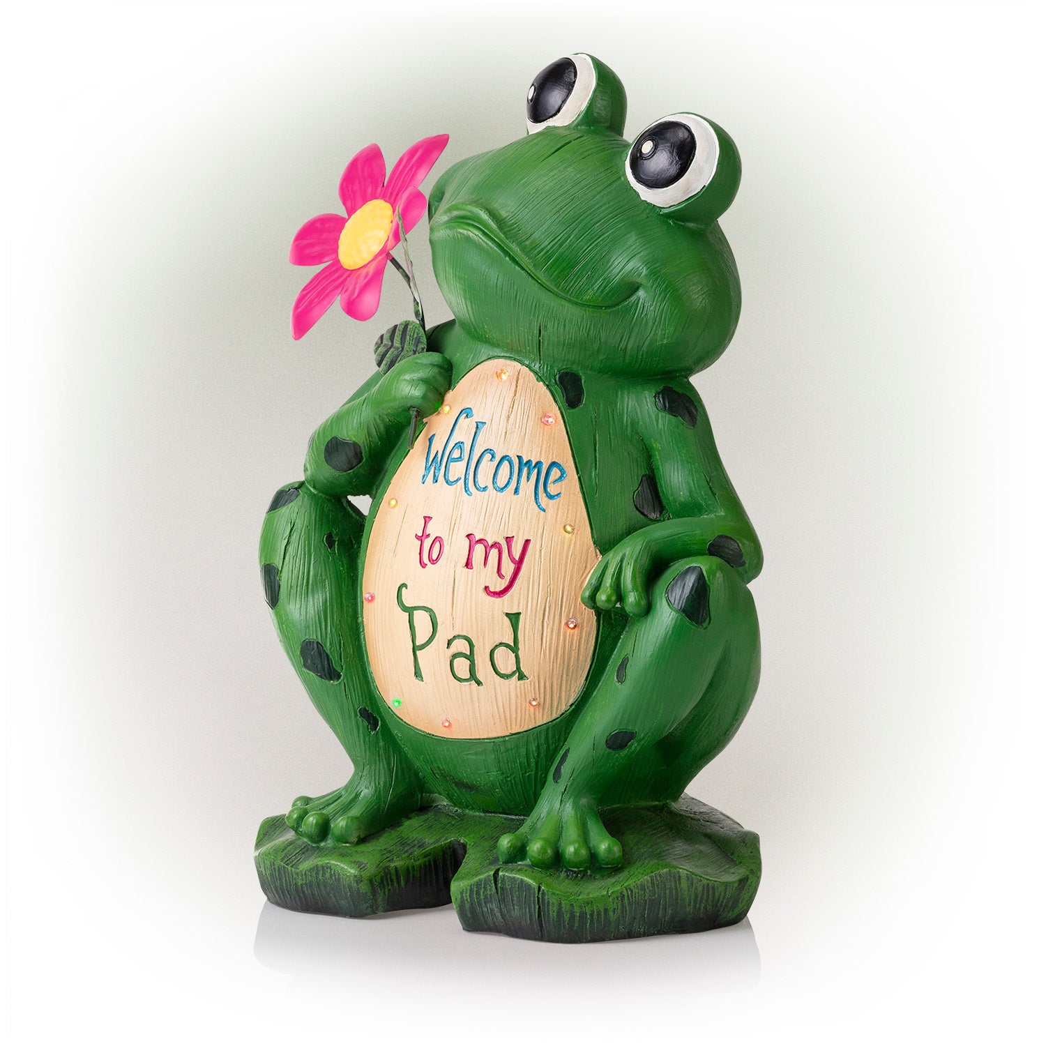 Alpine Corporation 12" x 9" x 18" Polyresin Lighted Welcome Frog Garden Statue, Green/Pink