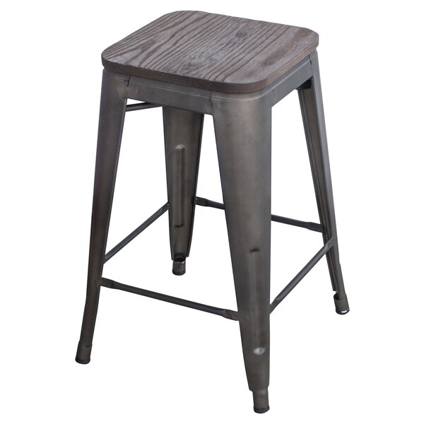 Black 24 in. Metal Bar Stool with Wood Seat- 4 Piece