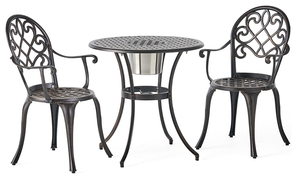 3 Pieces Patio Bistro Set  Aluminum Chairs  ampRound Table With Ice Bucket  Copper   Traditional   Outdoor Pub And Bistro Sets   by Decor Love  Houzz