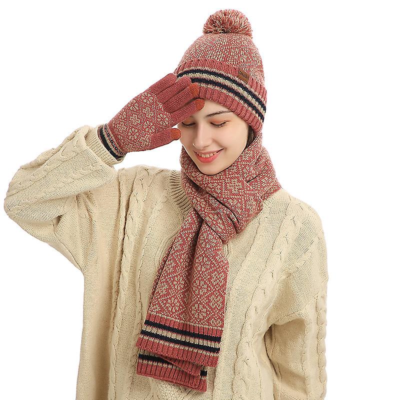 Winter Hat Scarf And Touch Screen Gloves ( Plum Red)