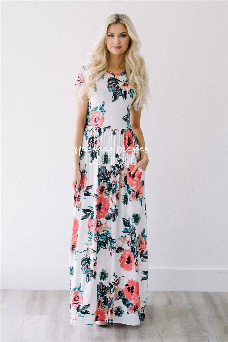 Ivory Watercolor Short Sleeve Maxi Dress