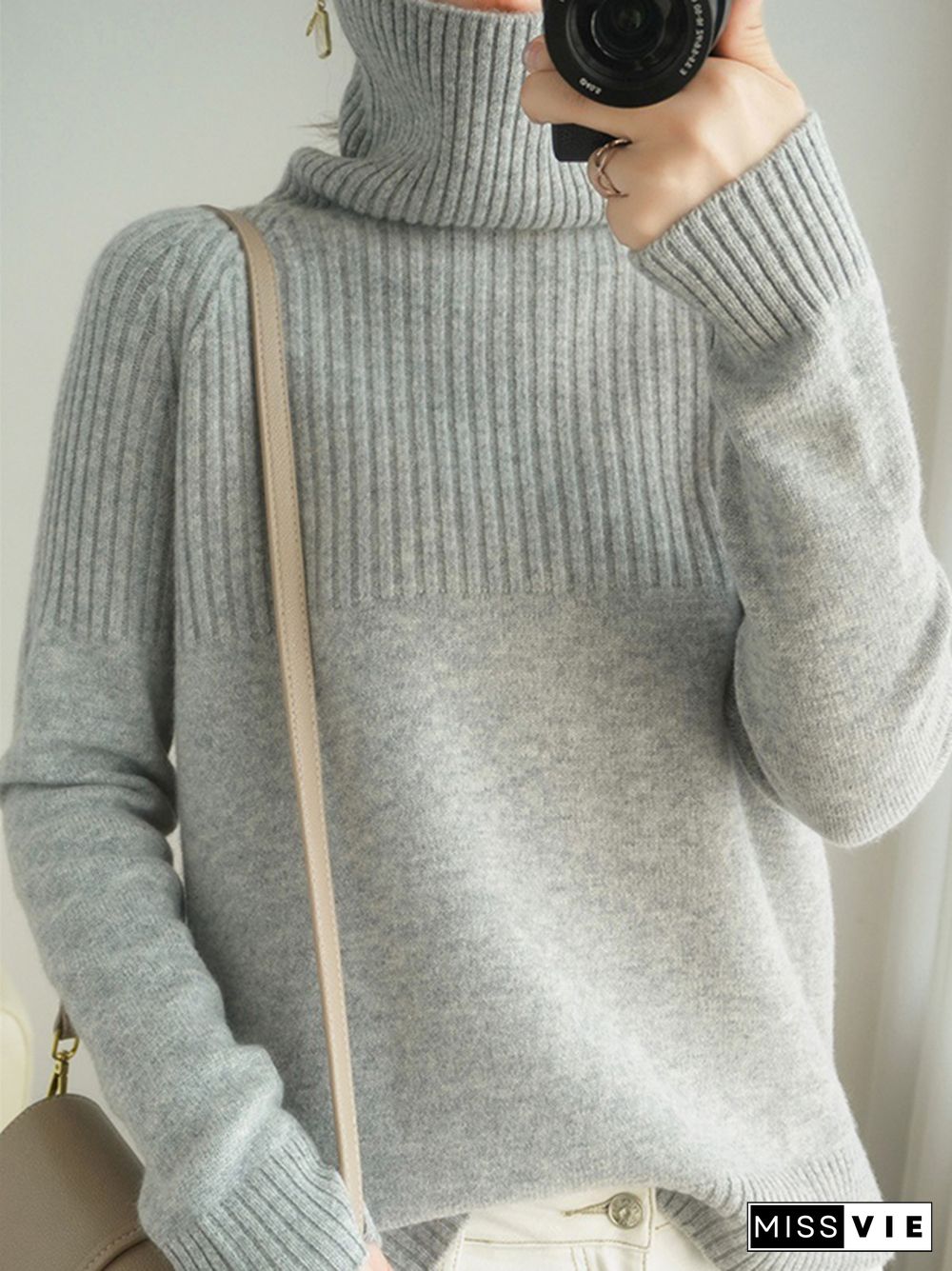 Casual Long Sleeves Loose Solid Color High-Neck Sweater Tops