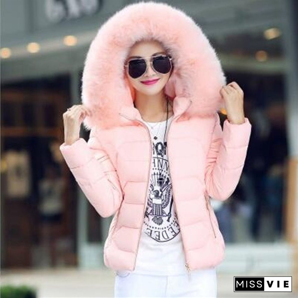 Autumn Winter New Fashion Women Short Coat Cotton-Padded Jacket Large Size Hooded Jacket Warm Cotton Female Fur Collar Hoody Parka Xs-Xxxl