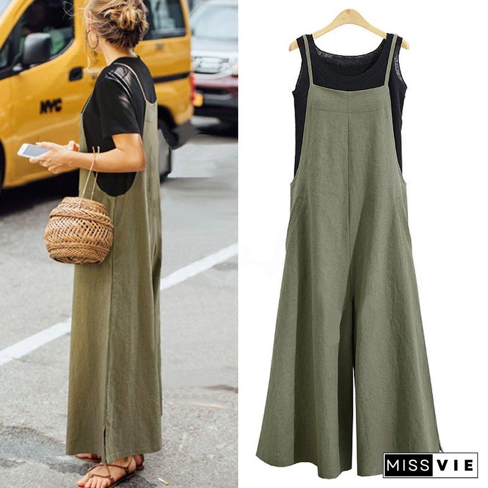 Women's Loose Conjoined Wide Leg Pants Casual Jumpsuit Linen