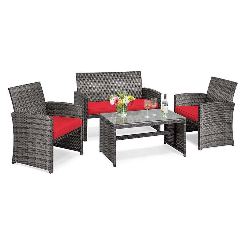 4 Pcs Rattan Wicker Patio Furniture Sets, Outdoor Conversation Sets with Loveseat, Table, Single Sofas