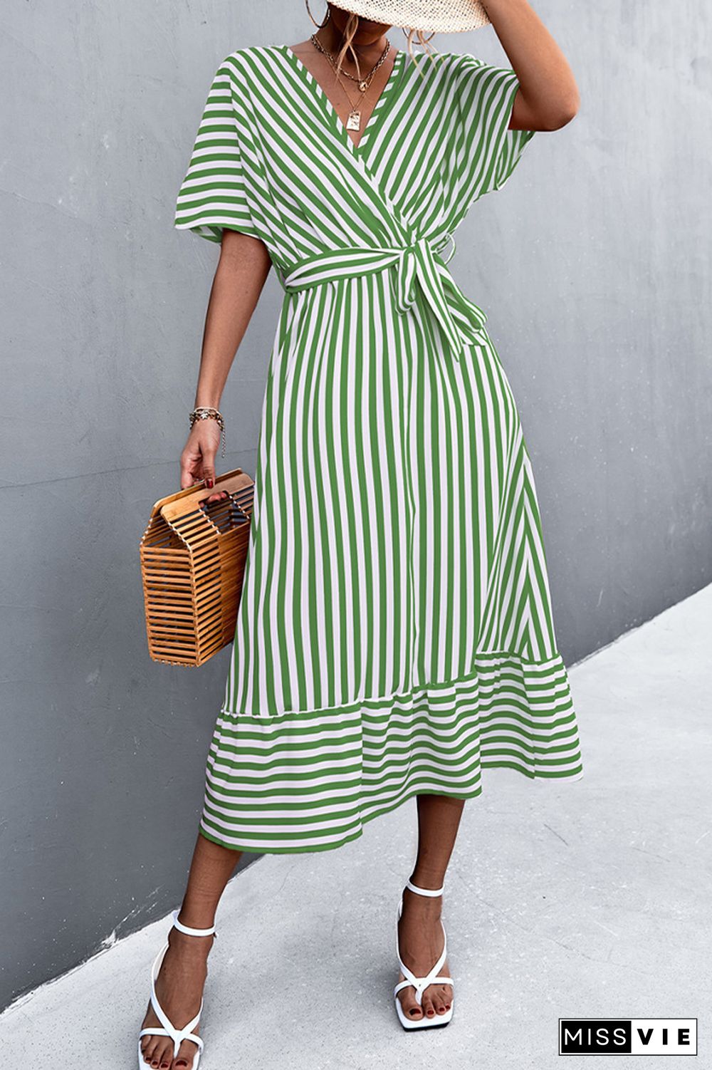 Stripe Print V-neck Short Sleeve Tie Waist Long Dress Wholesale