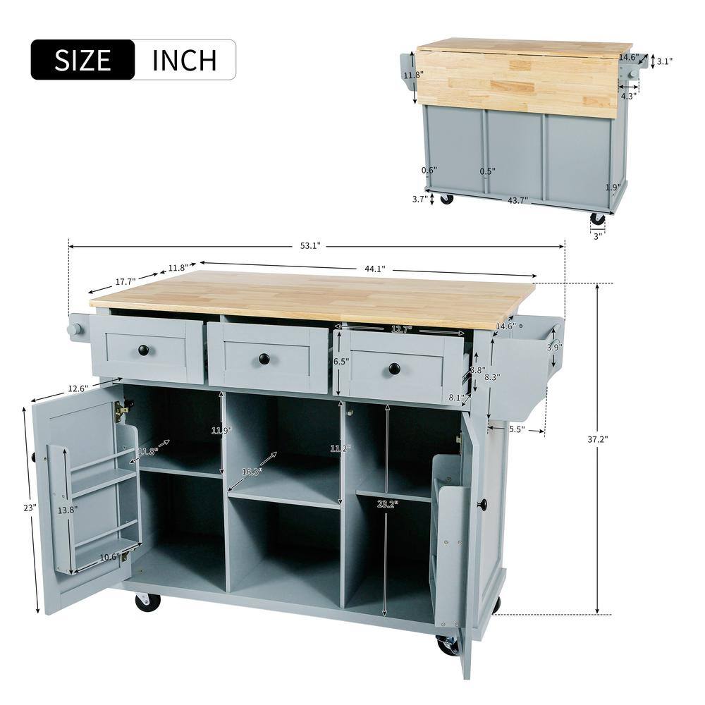 Cesicia Blue Rubberwood Drop-Leaf Countertop 53.1 in. Kitchen Island Cart with Cabinet Door Internal Storage Racks and 3-Drawer KIBE585