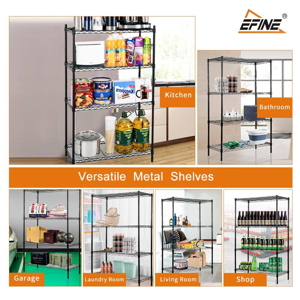 EFINE Black 4-Tier Carbon Steel Wire Garage Storage Shelving Unit NSF Certified (2-Pack) (35.5 in. W x 54 in. H x 15.8 in. D) RL500-4X2