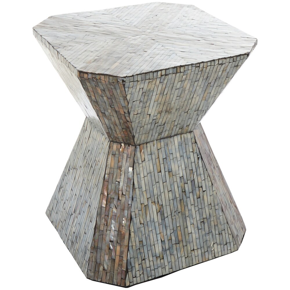 Gray Mother of Pearl Hourglass Geometric Accent Table with Linear Mosaic Pattern