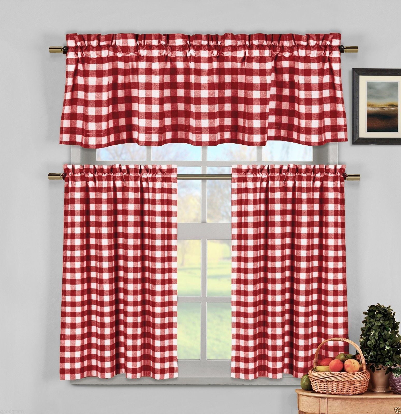 Candy Apple Red Gingham Checkered Plaid Kitchen Tier Curtain Valance