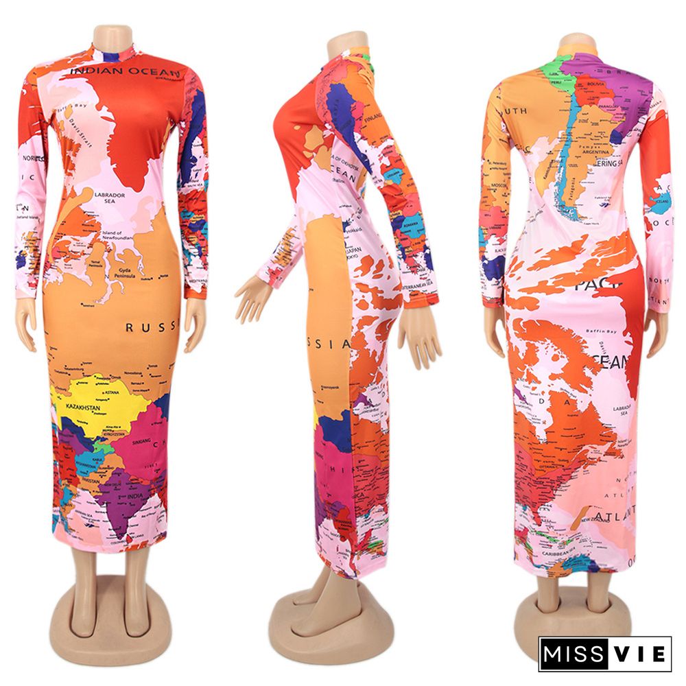 Sexy World Map Printed Long Sleeve Slim Bodycon Maxi Dresses