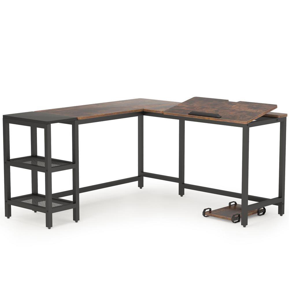 TRIBESIGNS WAY TO ORIGIN Halseey 59.05 in. L-Shape Black Metal Brown Particle Board Wood Top Corner Computer Desk with Storage Shelf HD-JW0222-WZZ