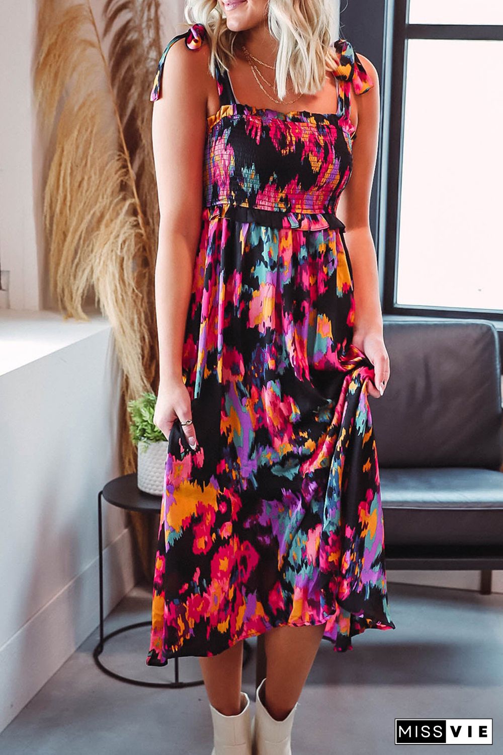 Black Smocked Tie-dye Print Midi Dress