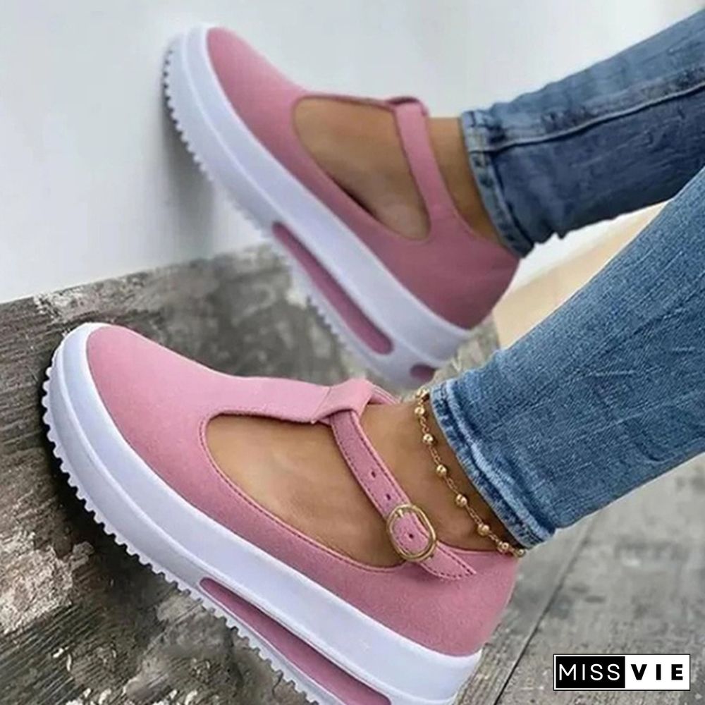 Women Summer Retro Buckle Round Head Wedge Platform Slip-On Sandals Solid Color Slipper Shake Shoes