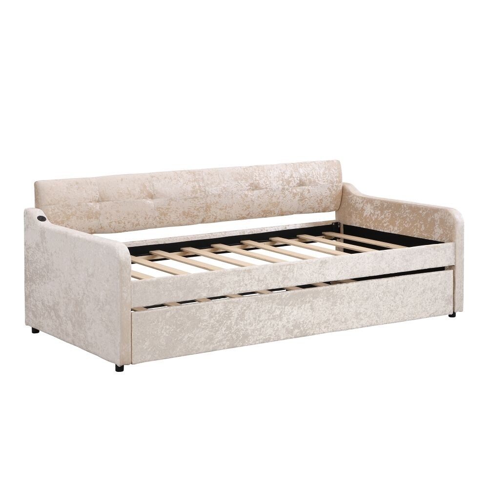 Twin Size Snowflake Velvet Daybed with Trundle and USB Charging Design