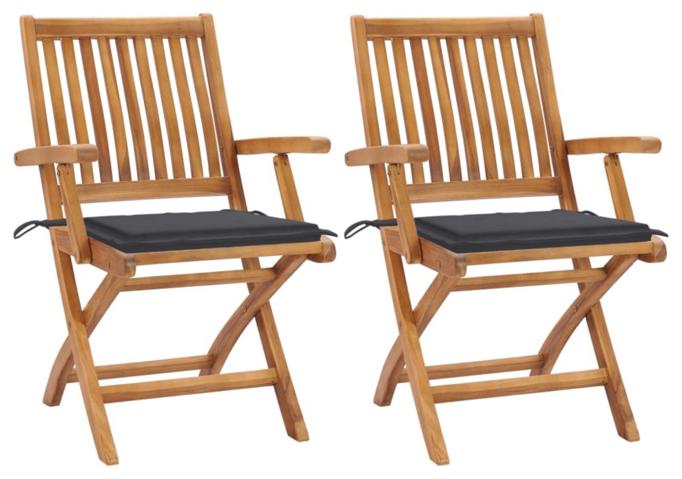 Vidaxl Garden Chairs  Set of 2  With Anthracite Cushions Solid Teak Wood   Contemporary   Outdoor Folding Chairs   by Virventures  Houzz