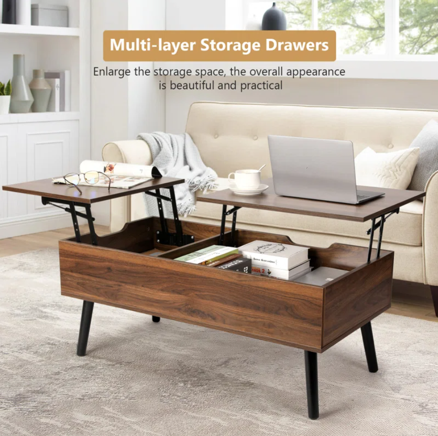 Lift Top Coffee Table with Storage, Double Lift Top Rectangular Storage Coffee Table