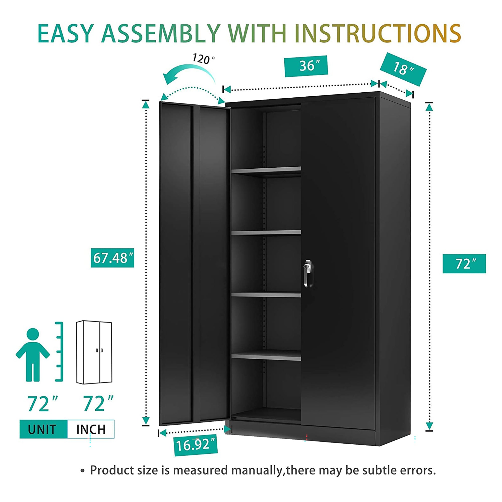 Aobabo 72 Inch Locking Metal Storage Cabinet with 4 Adjustable Shelves, Black