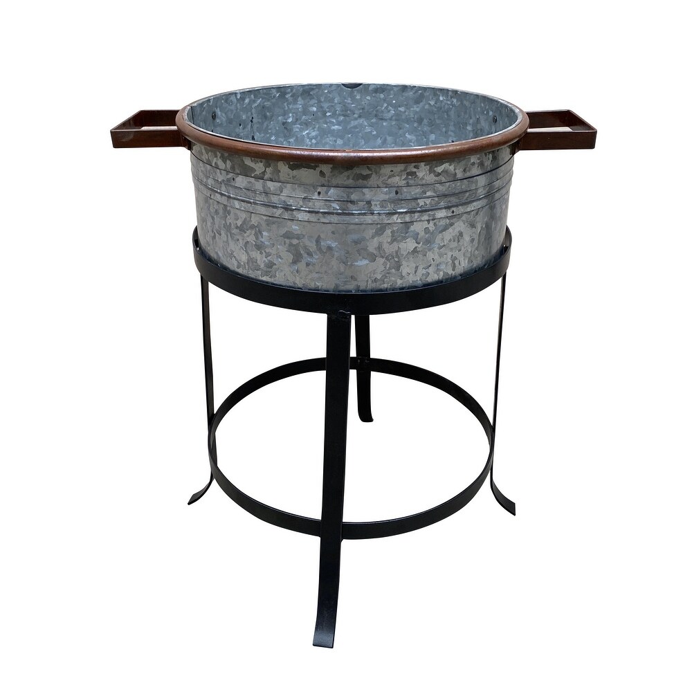 21  18  and 16 Inch 3 Piece Round Tub Metal Planter Set with Stand in Galvanized Gray and Black Iron