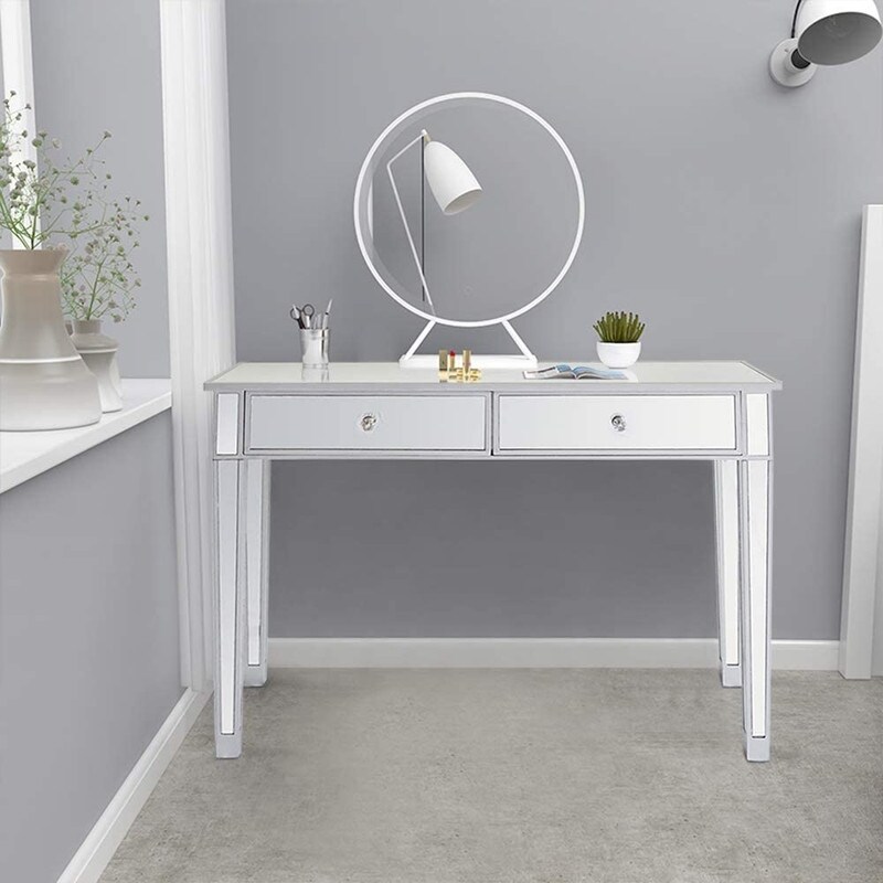 2 Drawers Mirrored Makeup Table Computer Desk Writing Desk   (41.34 x 14.17 x 29.92)\