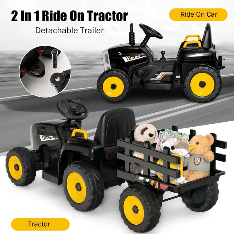 Kids Ride on Tractor w/Trailer 12V Battery Powered Electric Riding Toy Car Vehicle with 3-Gear-Shift Ground Loader