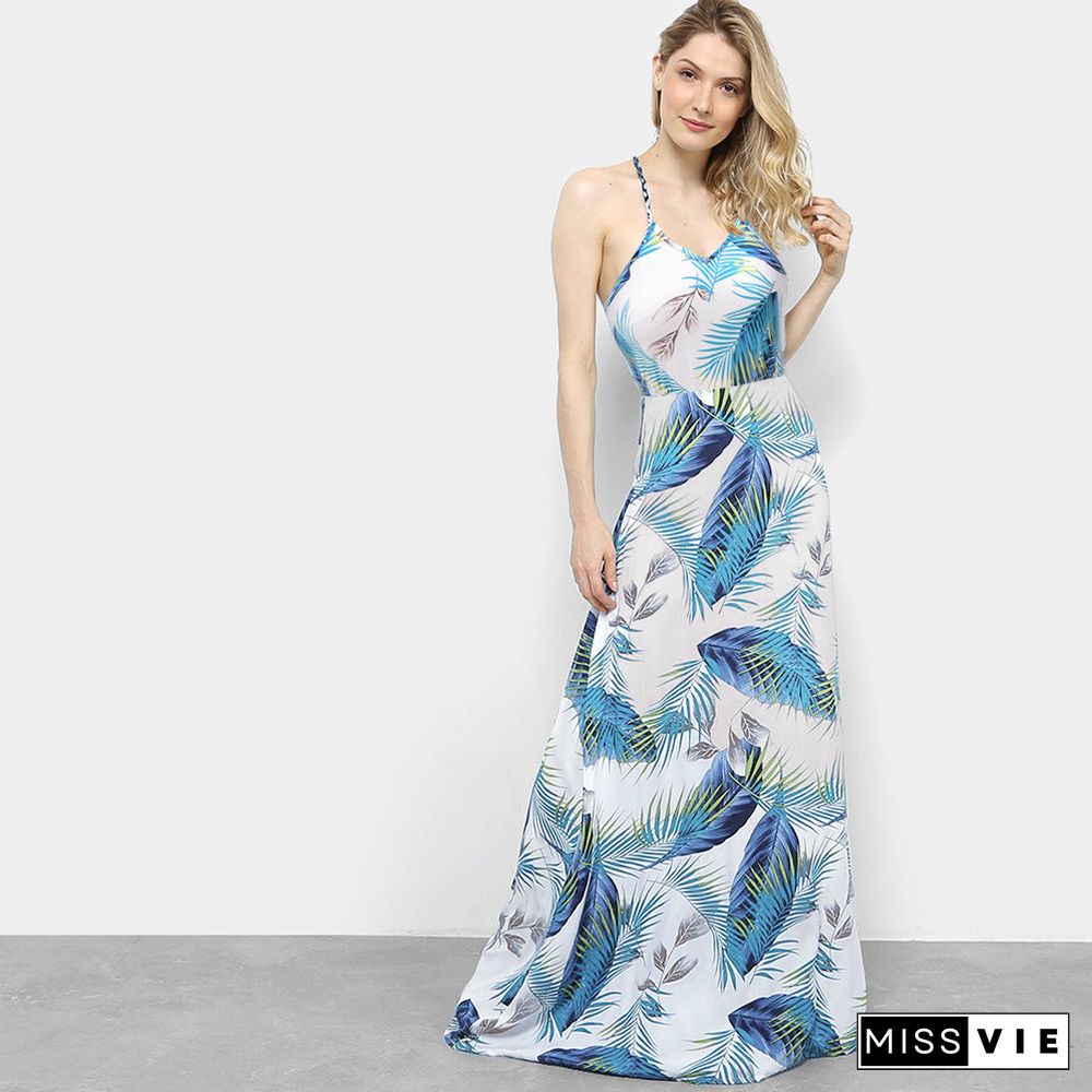 Sphaghetti Strap Leaf Print V Neck Long Beach Dress