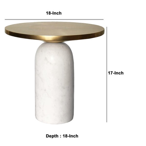 17 Inch Round Brass Modern Accent End Table with Cylindrical Marble Base， Brass， White