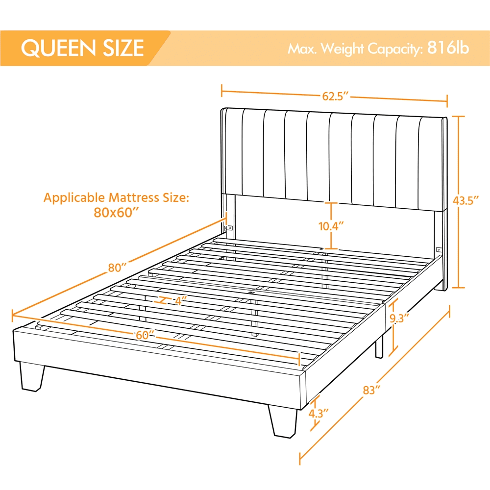 Alden Design Upholstered Platform Queen Bed with Channel Stitching, Navy Blue