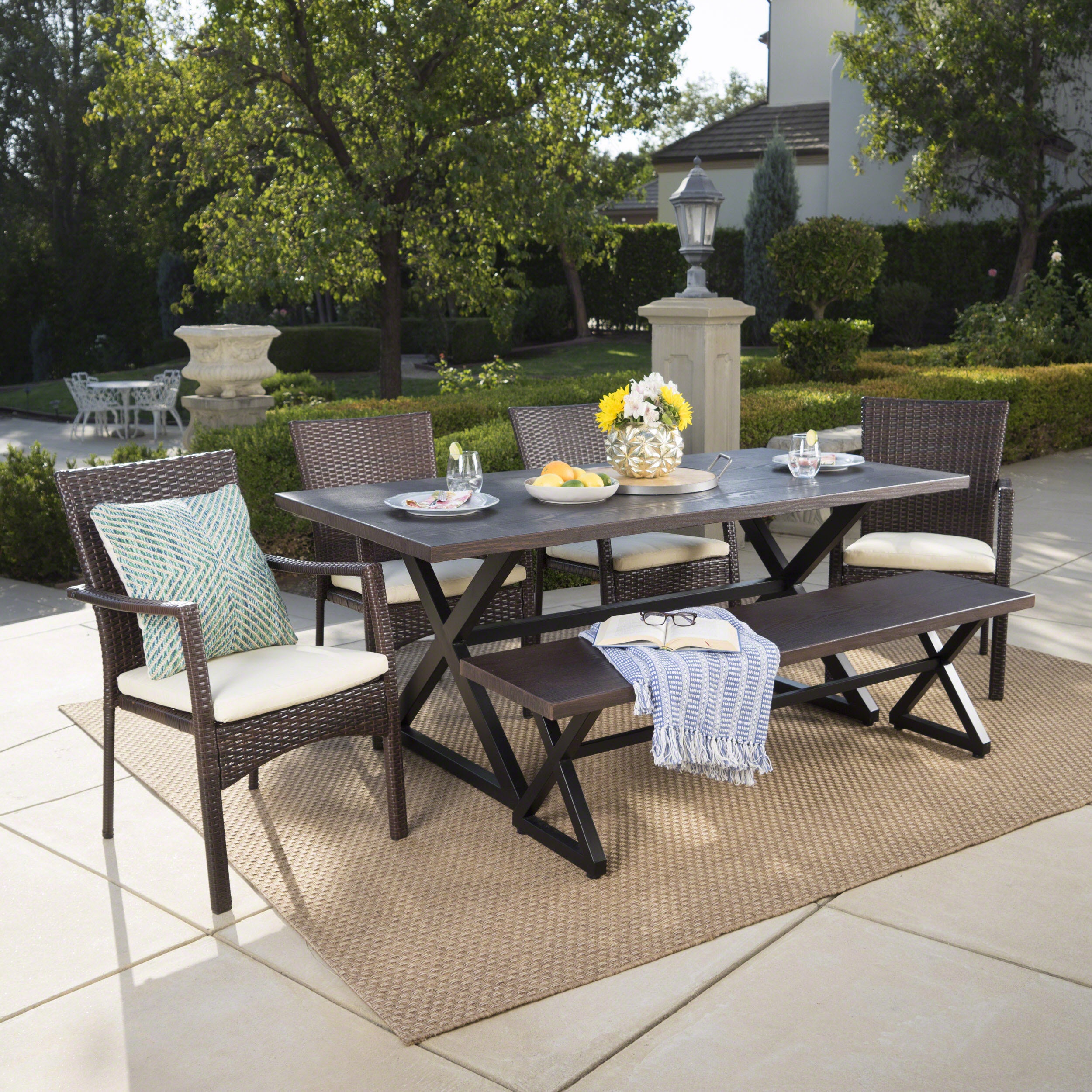 Tripoli Outdoor 6 Piece Aluminum Dining Set with Bench and Wicker Dining Chairs