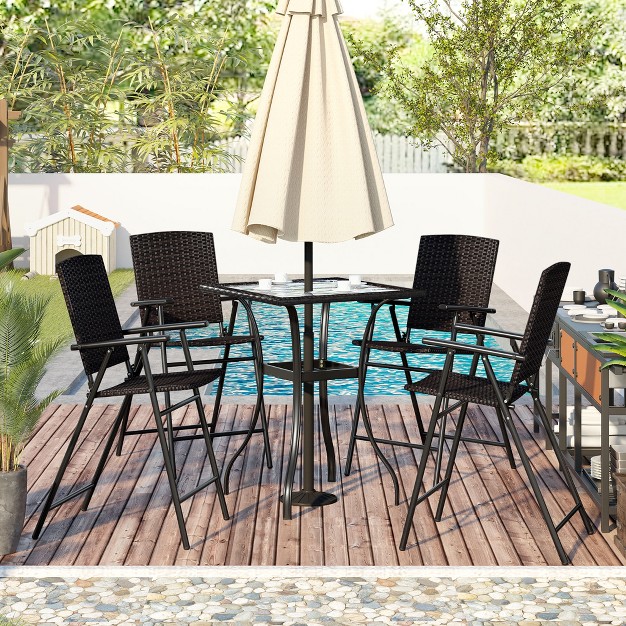 5 piece Patio Rattan Dining Table Set Counter Height Pe Wicker Dining Table Set With Umbrella Hole And 4 Foldable Chairs Brown modernluxe